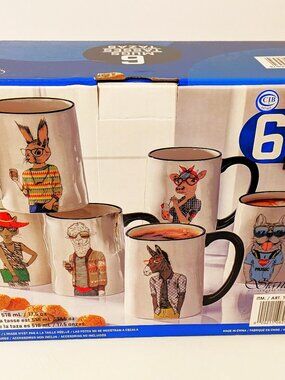 Signature Housewares Hipster Animal Mugs Set of 6 – 17.5 oz Stoneware NEW IN BOX